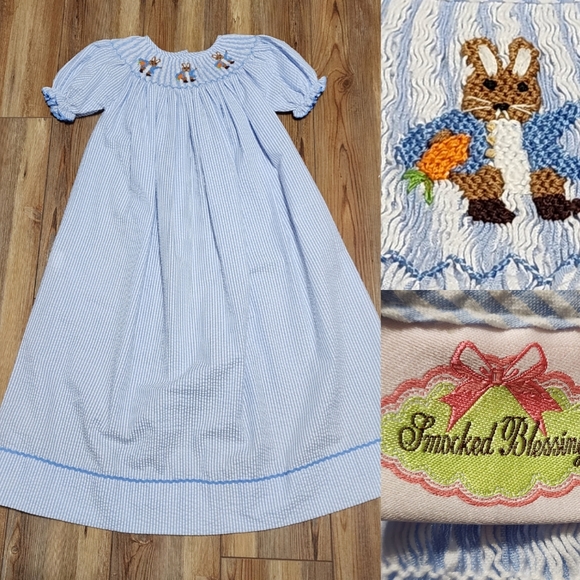 Smocked Blessings Other - Girls Peter Rabbit Smocked Embroidered Seersucker Dress Size 8 Tall Blue Cotton